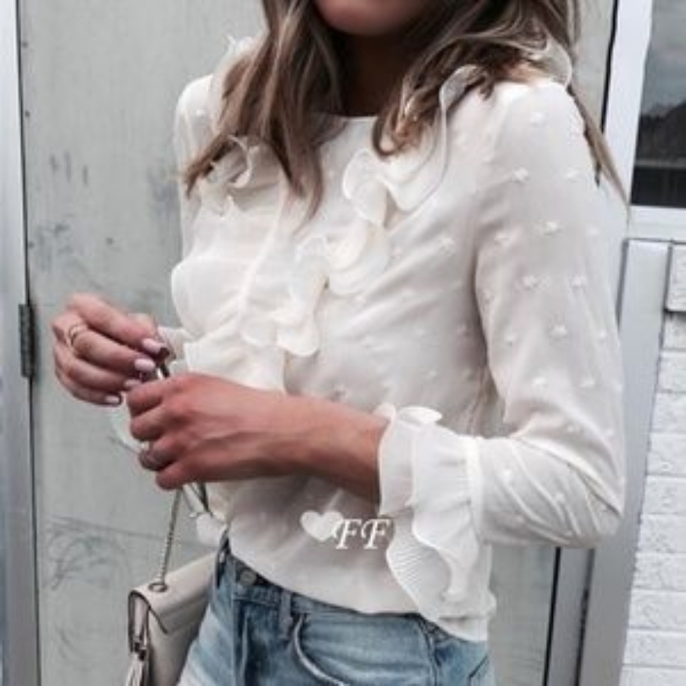 1 LEFT! Beautiful Chiffon Polka Dot Ruffled Blouse - Picture 3 of 4